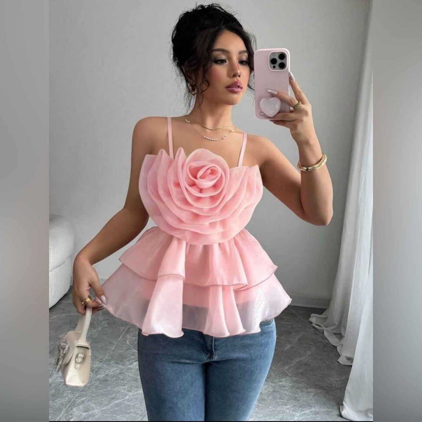 White and Pink Ruffled Tiered Camisole
