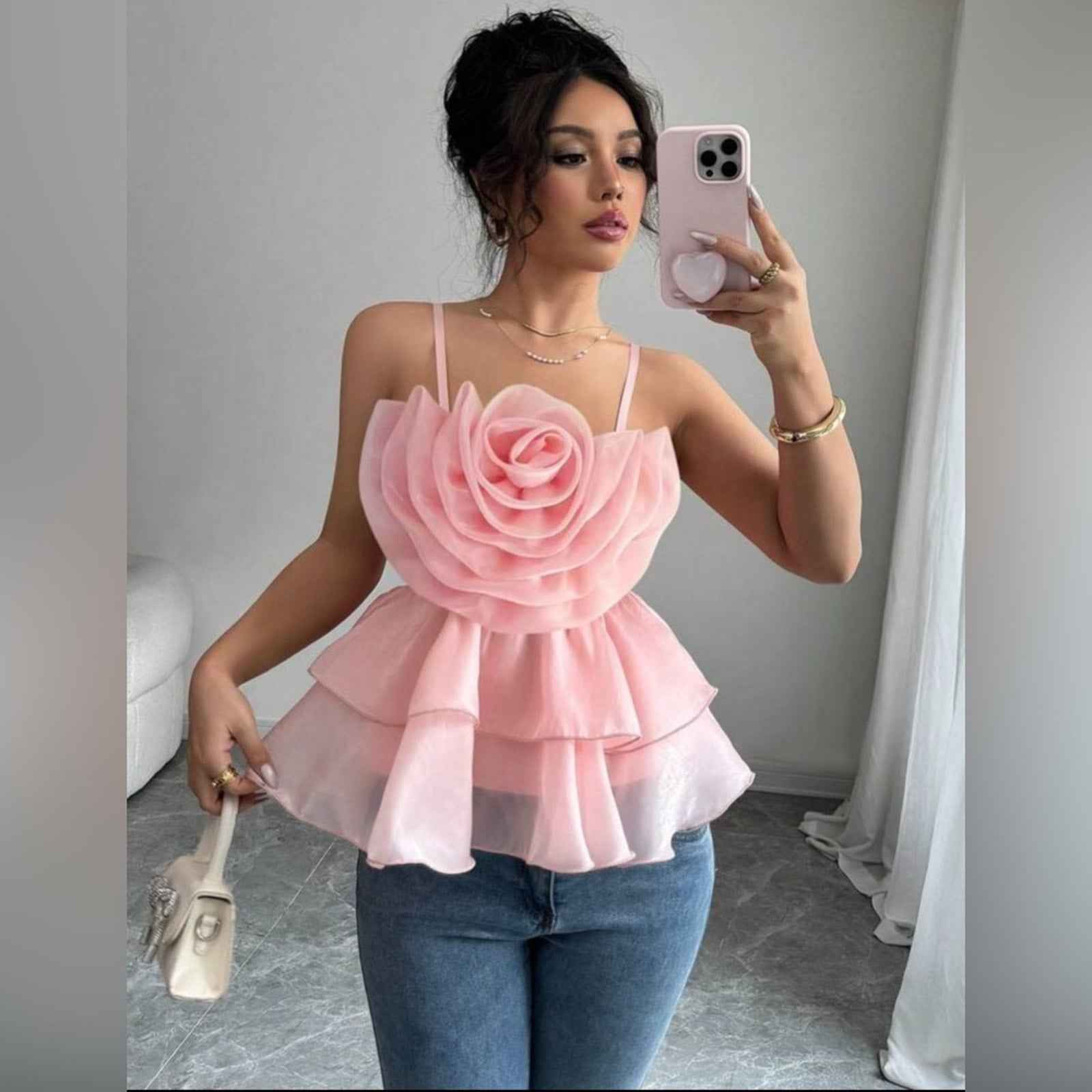 White and Pink Ruffled Tiered Camisole