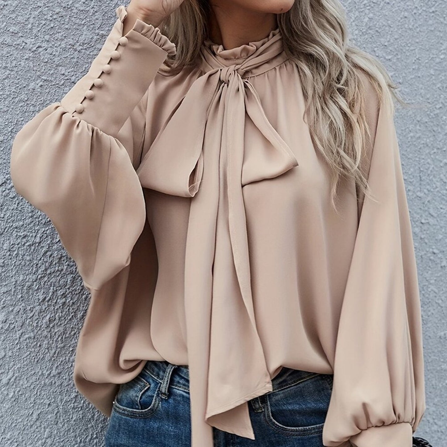 Ruffled Tie Neck Long Sleeve Blouse