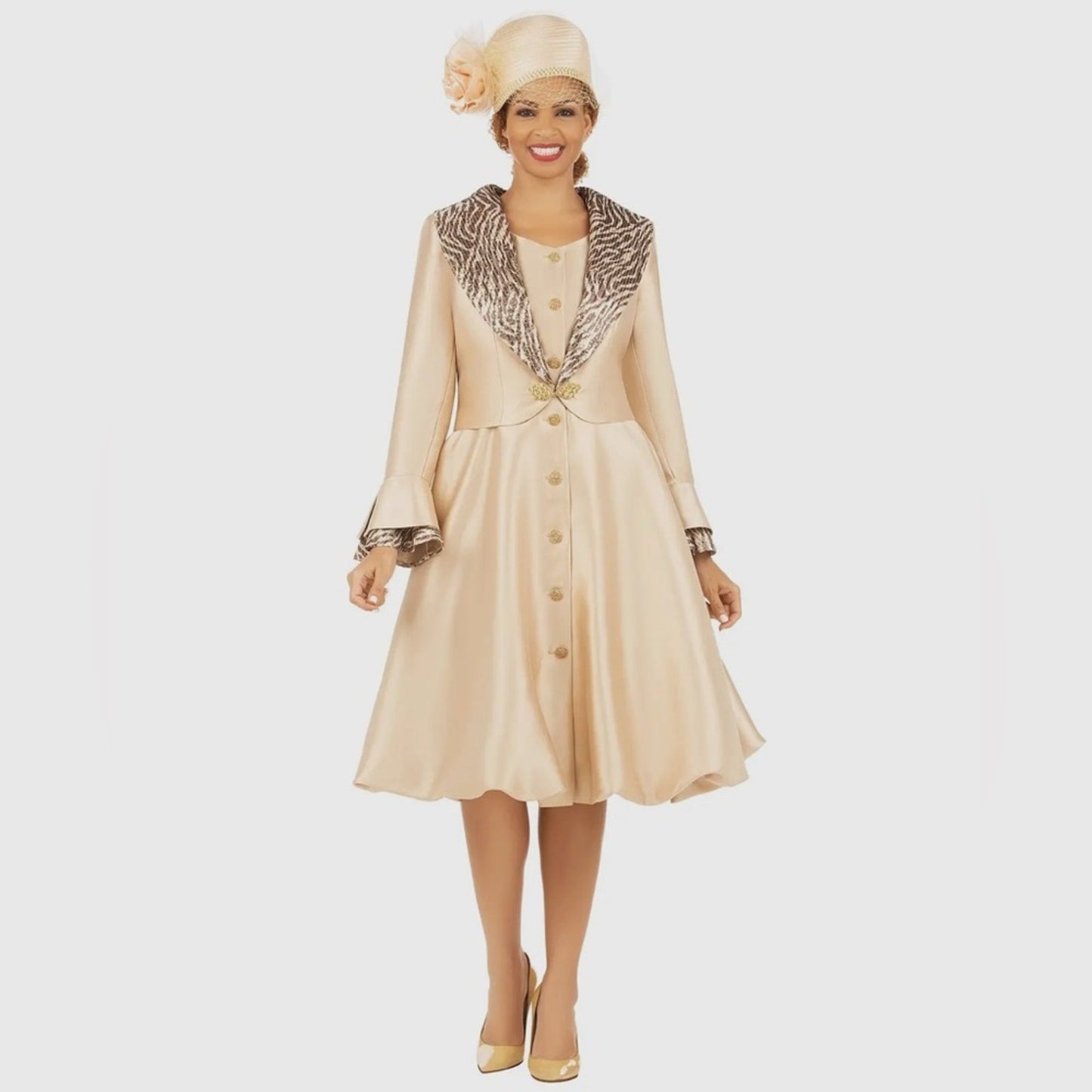 Giovanna Champagne A-Line 2pc Collar Coat Dress with Embellished Bell Sleeves