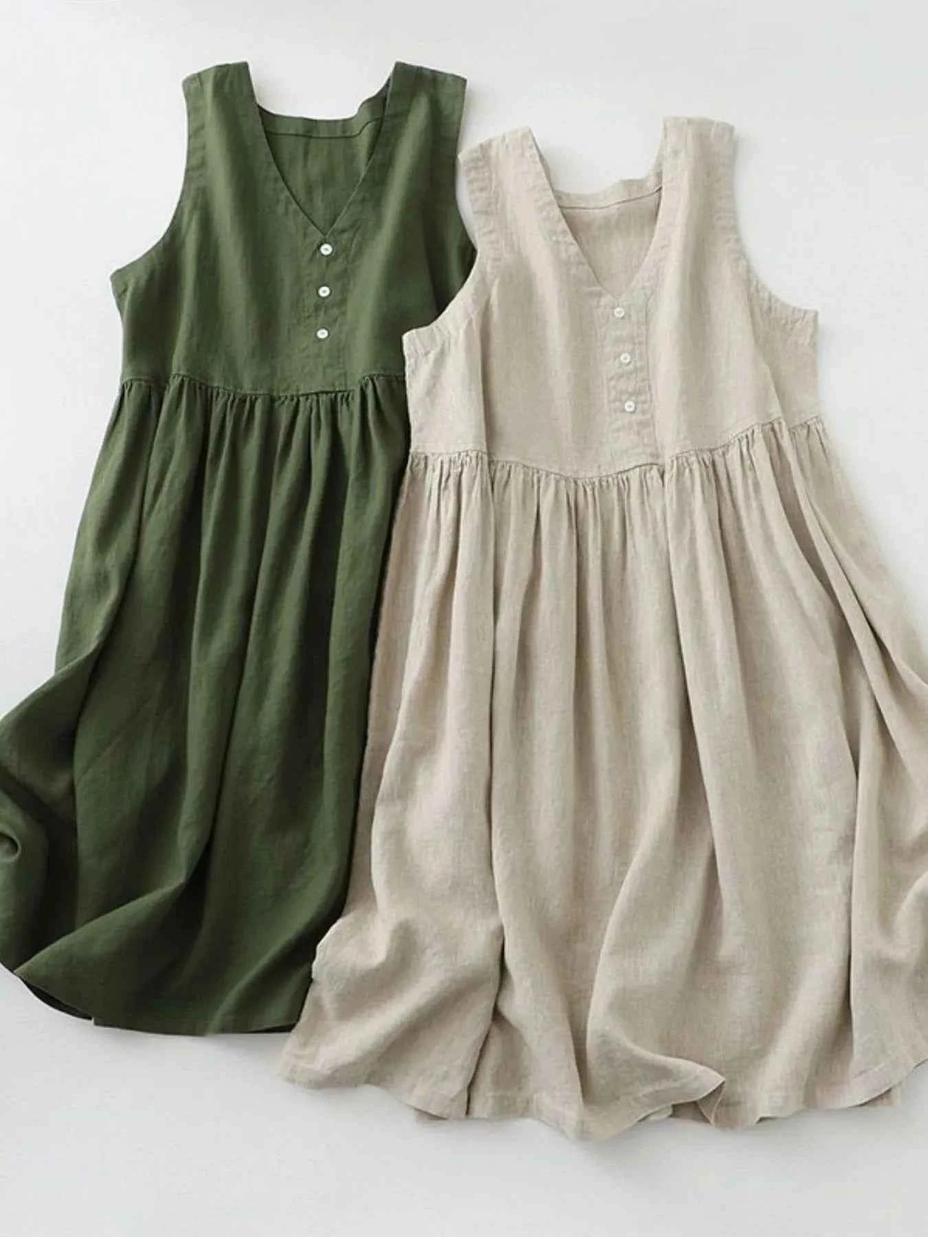 V-Neck Button Detail Sleeveless Midi Dress