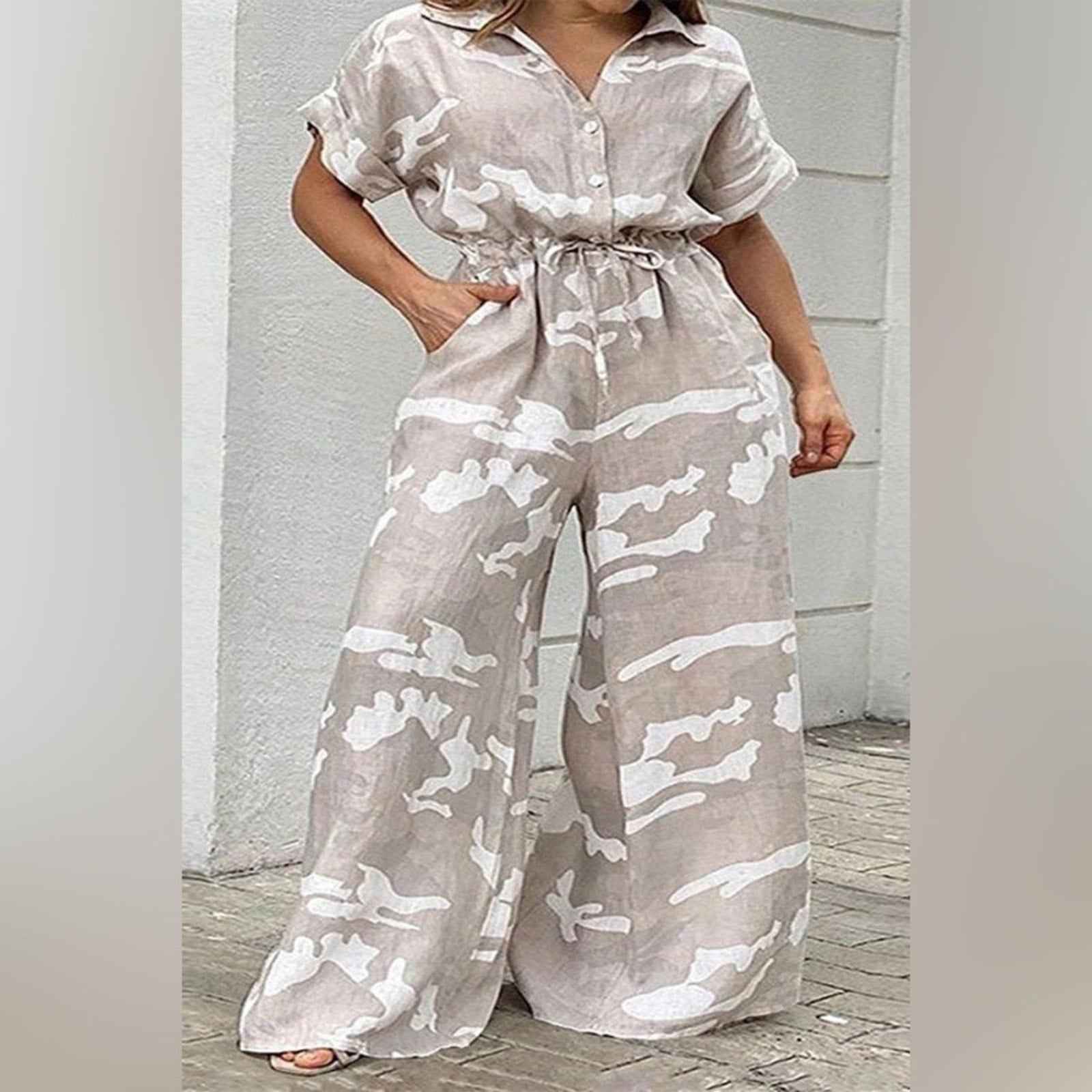 Apricot and White Abstract Jumpsuit with Flowing Wide-Leg Fit XL-5XL