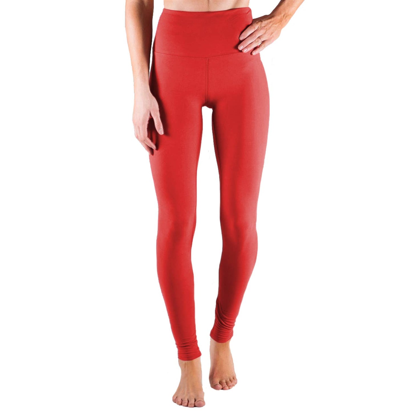 Red leggings worn by a person on a white background