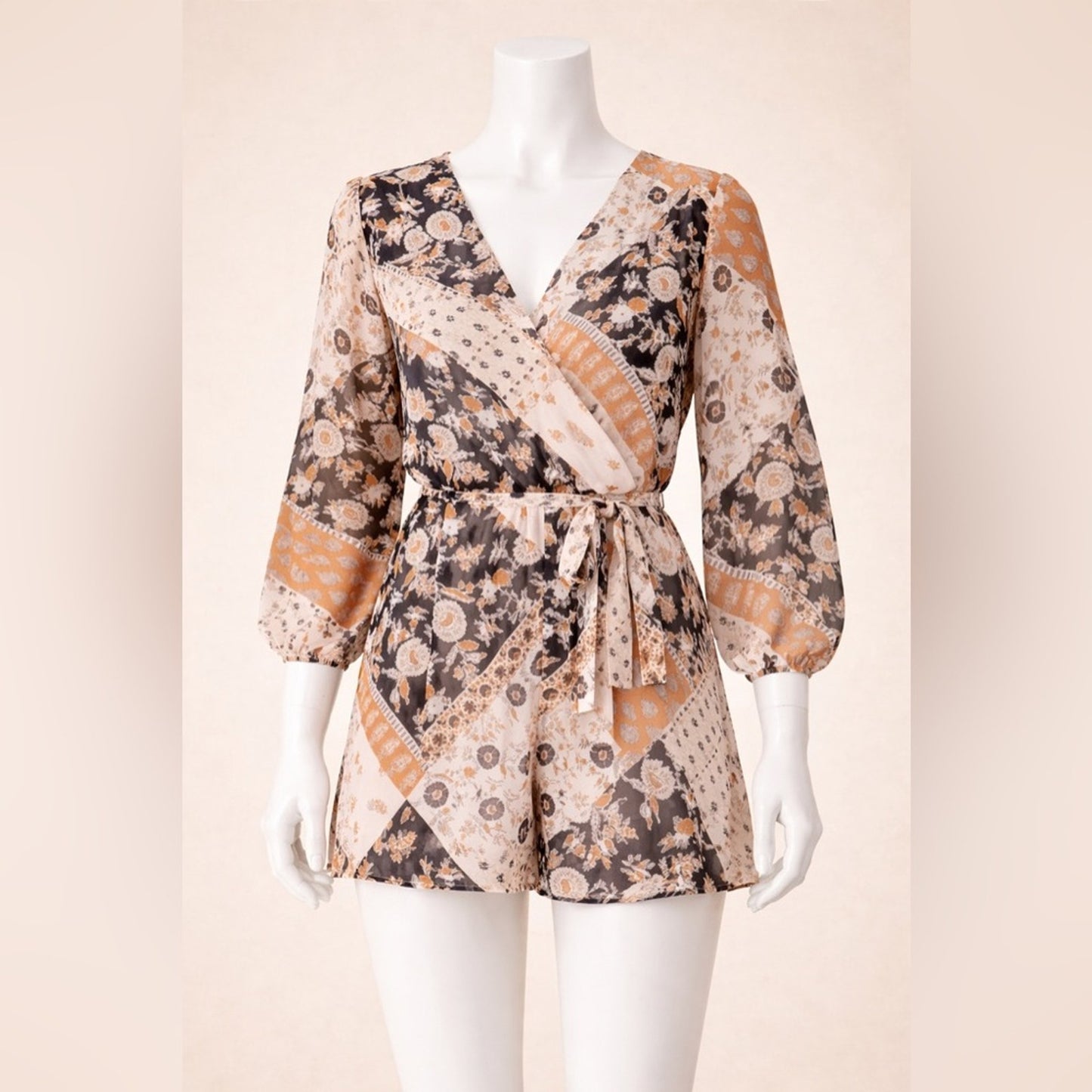 Boho Patchwork Wrap Romper – Cream, Mocha & Burnt Orange Tie Waist (Size L)
