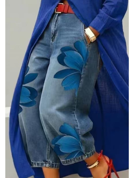 Floral Print Wide-Leg Cropped Jeans Light Blue