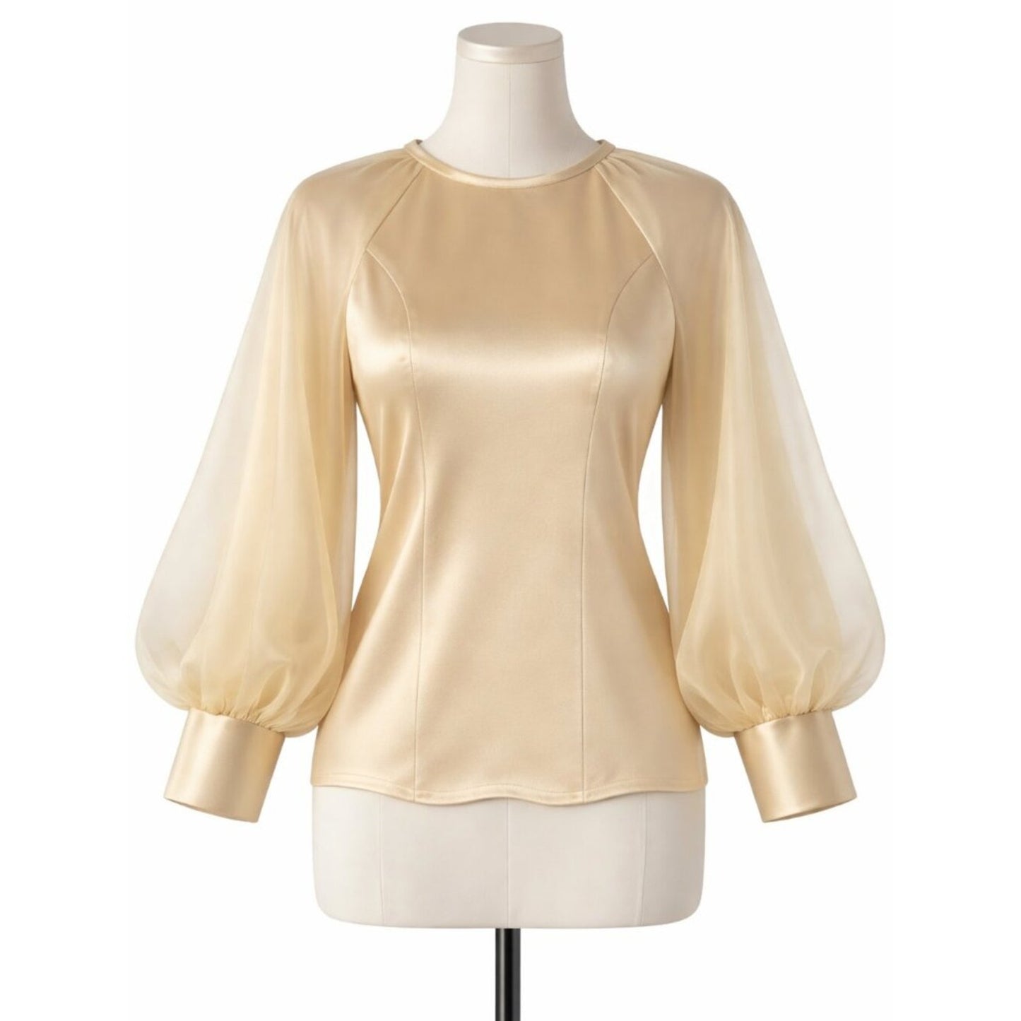 Champagne Satin Organza Statement Blouse – Dramatic Puff Sleeve Elegant Top