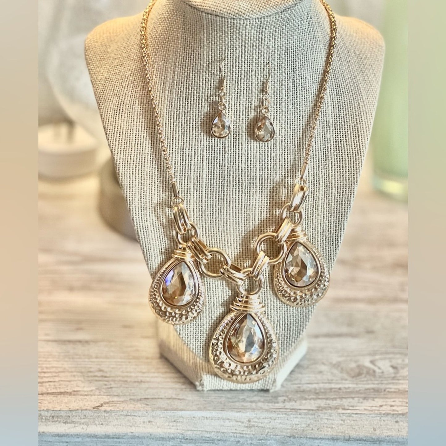 Gold Crystal Statement Jewelry Set | Necklace, Earrings & Bracelet
