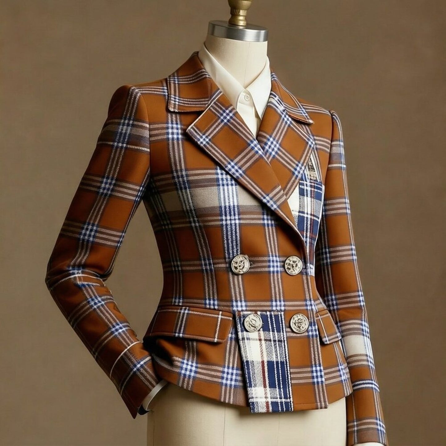 Plus Plaid Double-Breasted Blazer Coat | Lapel, Gold Buttons