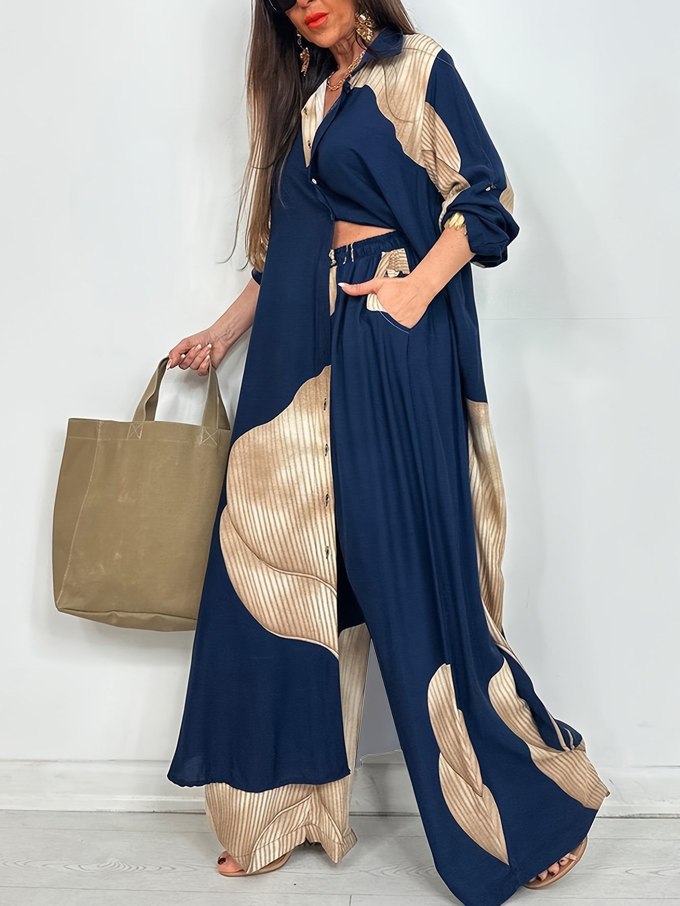 Luxury Blue Colorblock Satin Lounge Set – Oversized Button-Down Shirt & Wide-Leg Pants | Chic Neutral Statement Set
