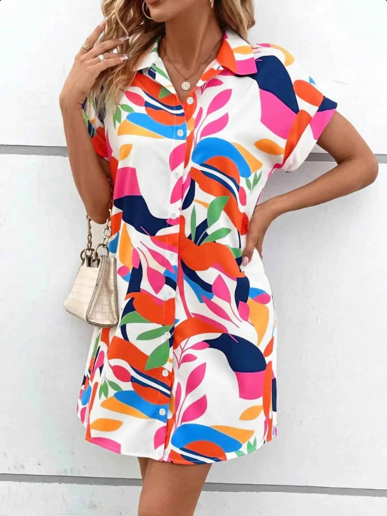 Printed Button Down Short Sleeve Dress