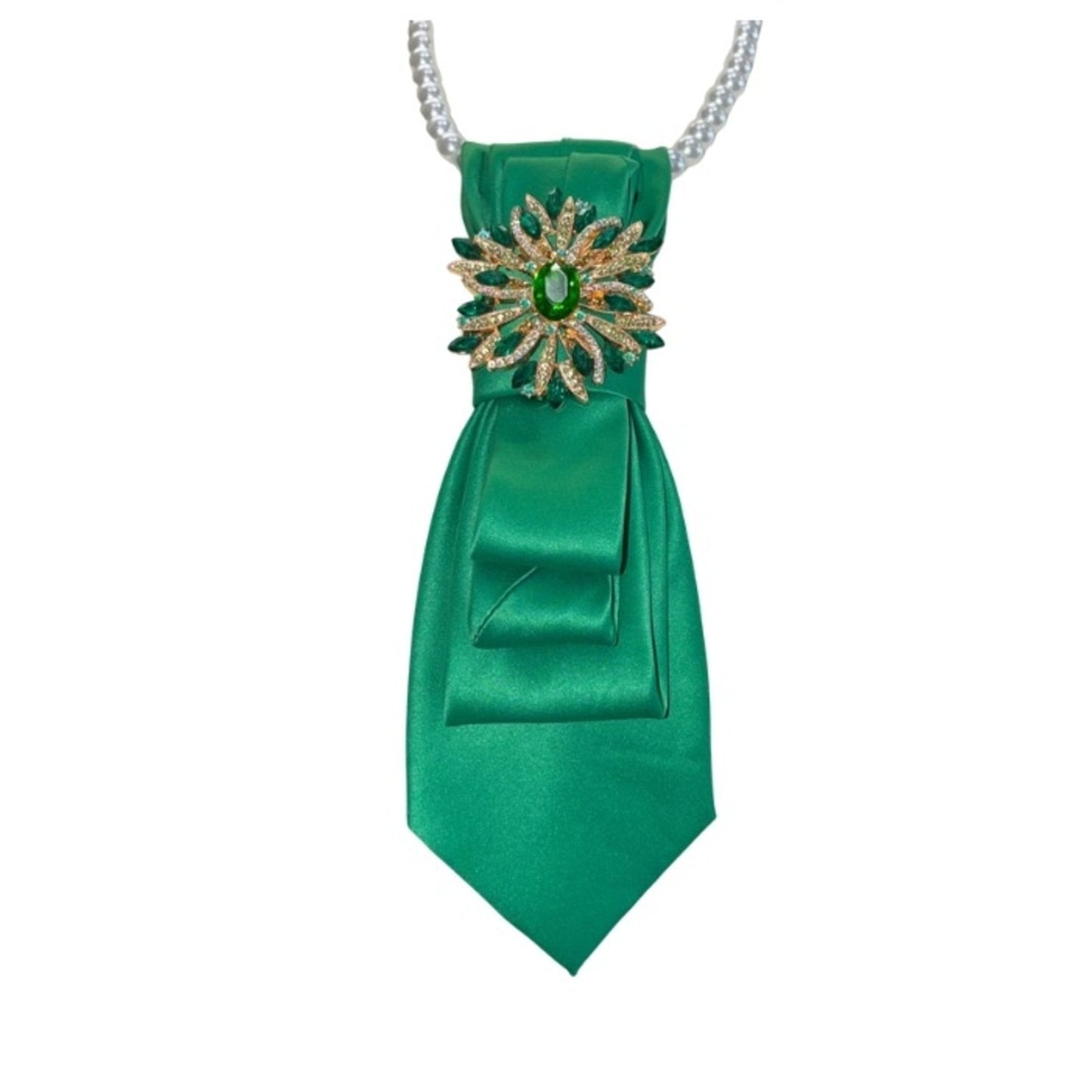 Custom Emerald Green Satin Statement Necklace Scarf with Crystal Brooch
