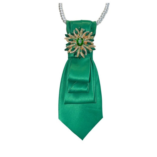 Custom Emerald Green Satin Statement Necklace Scarf with Crystal Brooch