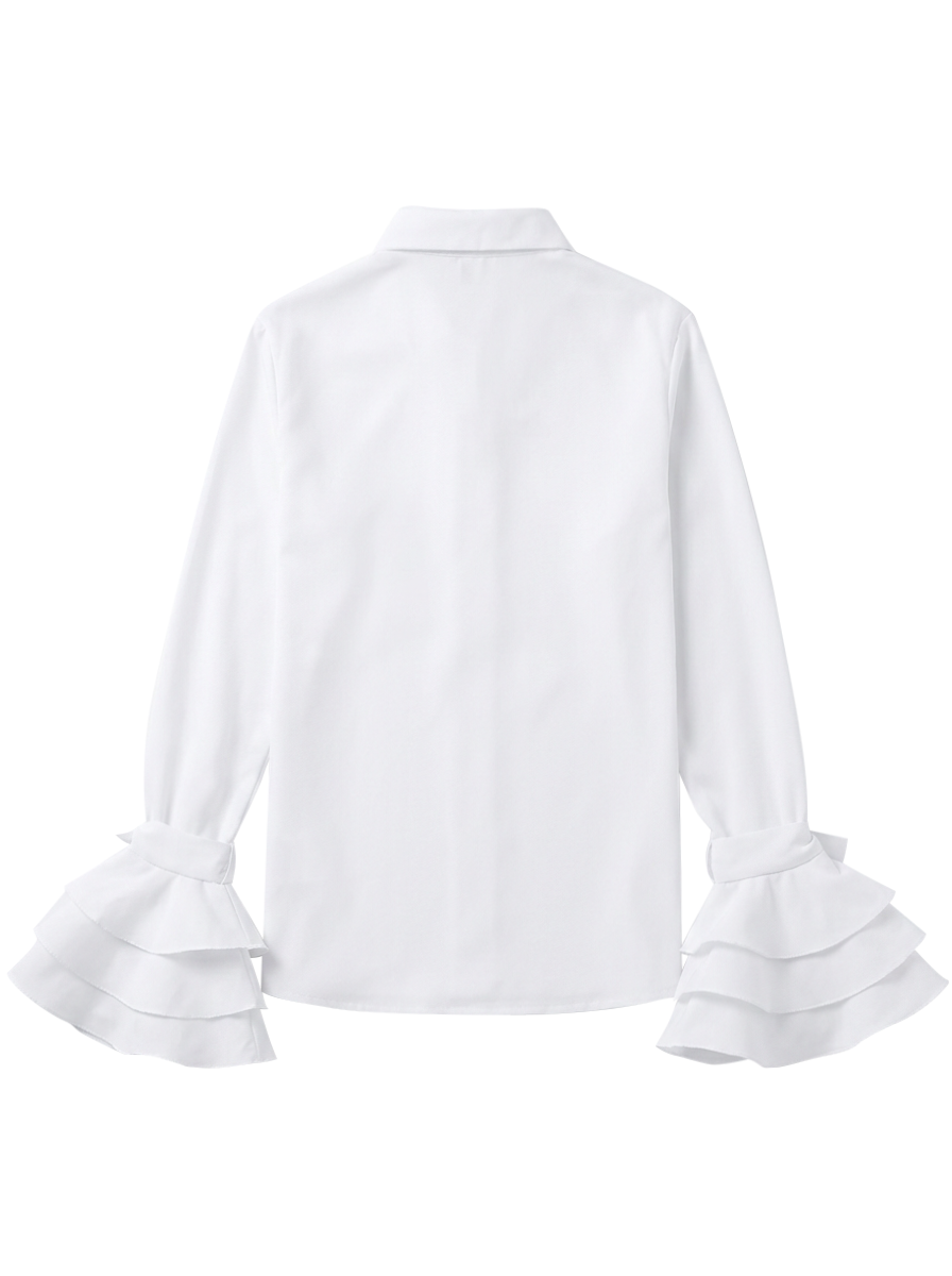 Cotton-Blend Flared Sleeve Bow Falbala Lapel Blouse