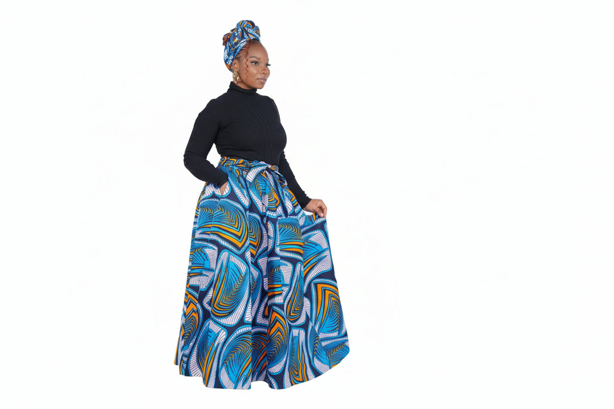 Woman wearing a colorful patterned skirt on a white background