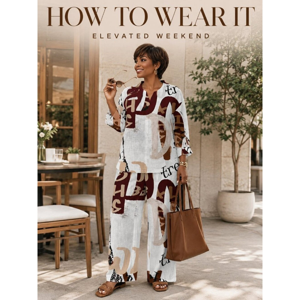 Abstract Letter Print V-Neck Wide-Leg Pants Set
