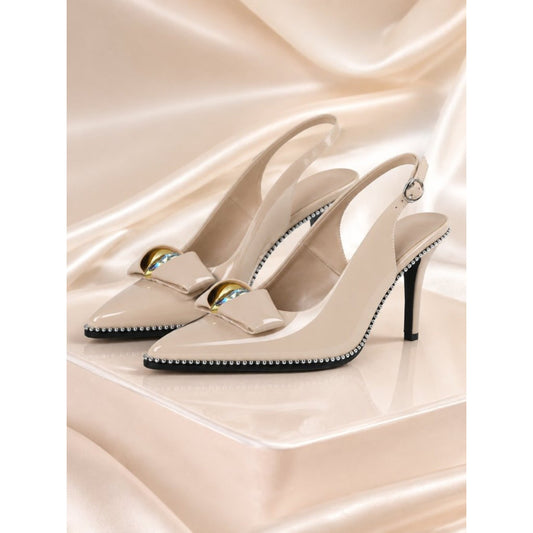 Patent Beige Slingback Stiletto Pumps Pointed Toe Jewel Heel