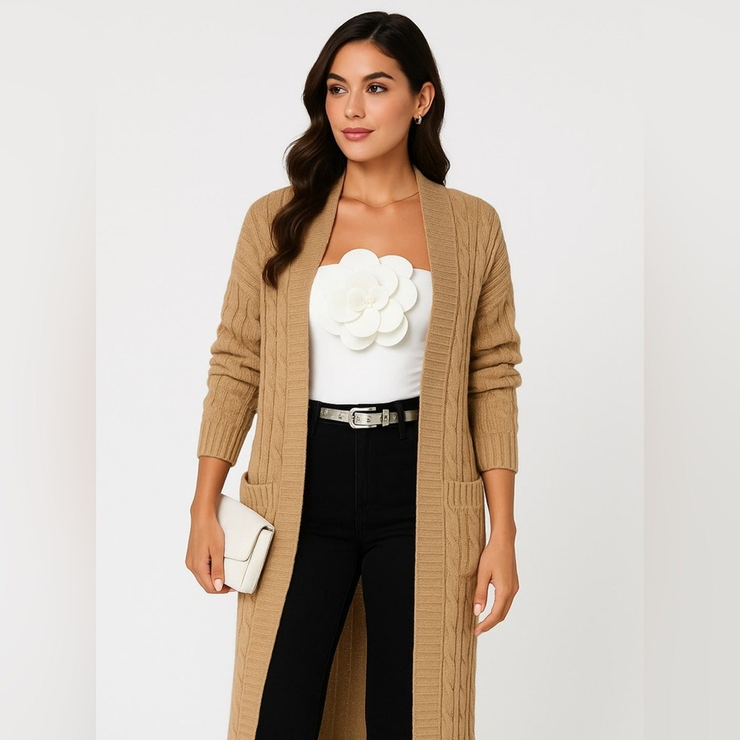 Khaki Long Coat Knit Cardigan