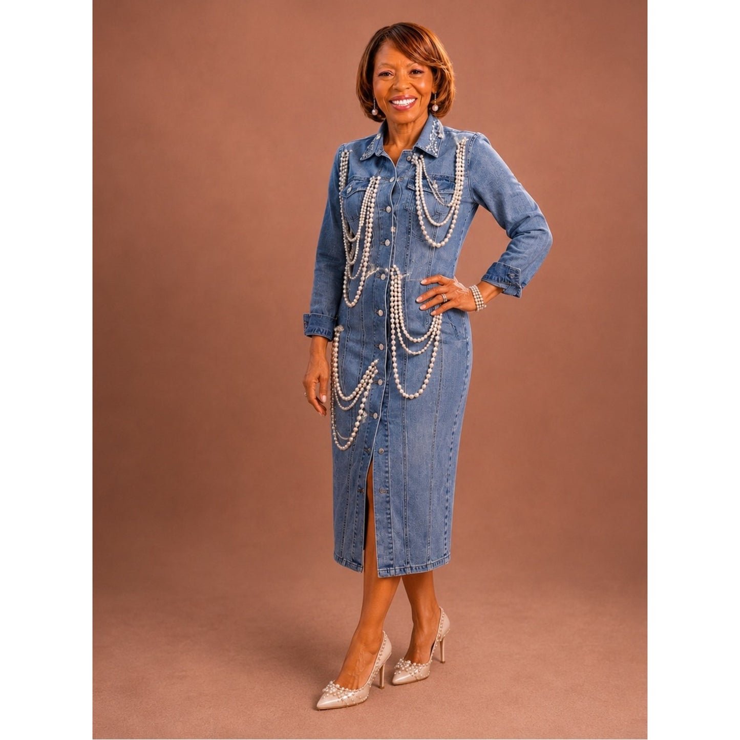 Denim Pearl Chain Midi Shirt Dress – Luxury Pearl Embellished Button-Down
