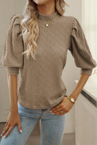 Taupe Textured Ruched Puff Sleeve Mock Neck Top