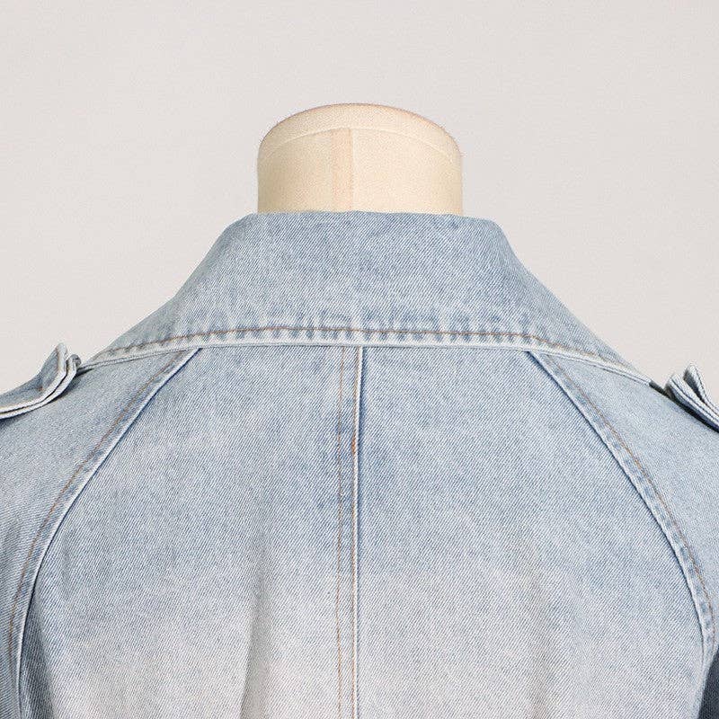 Light blue denim jacket on a mannequin against a light gray background