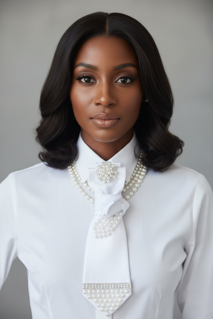 Decorative white tie with pearl embellishments on a mannequin head against a floral tablecloth.