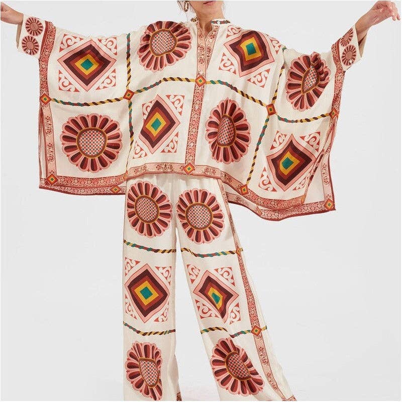 Traditional outfit with geometric patterns on a plain background
