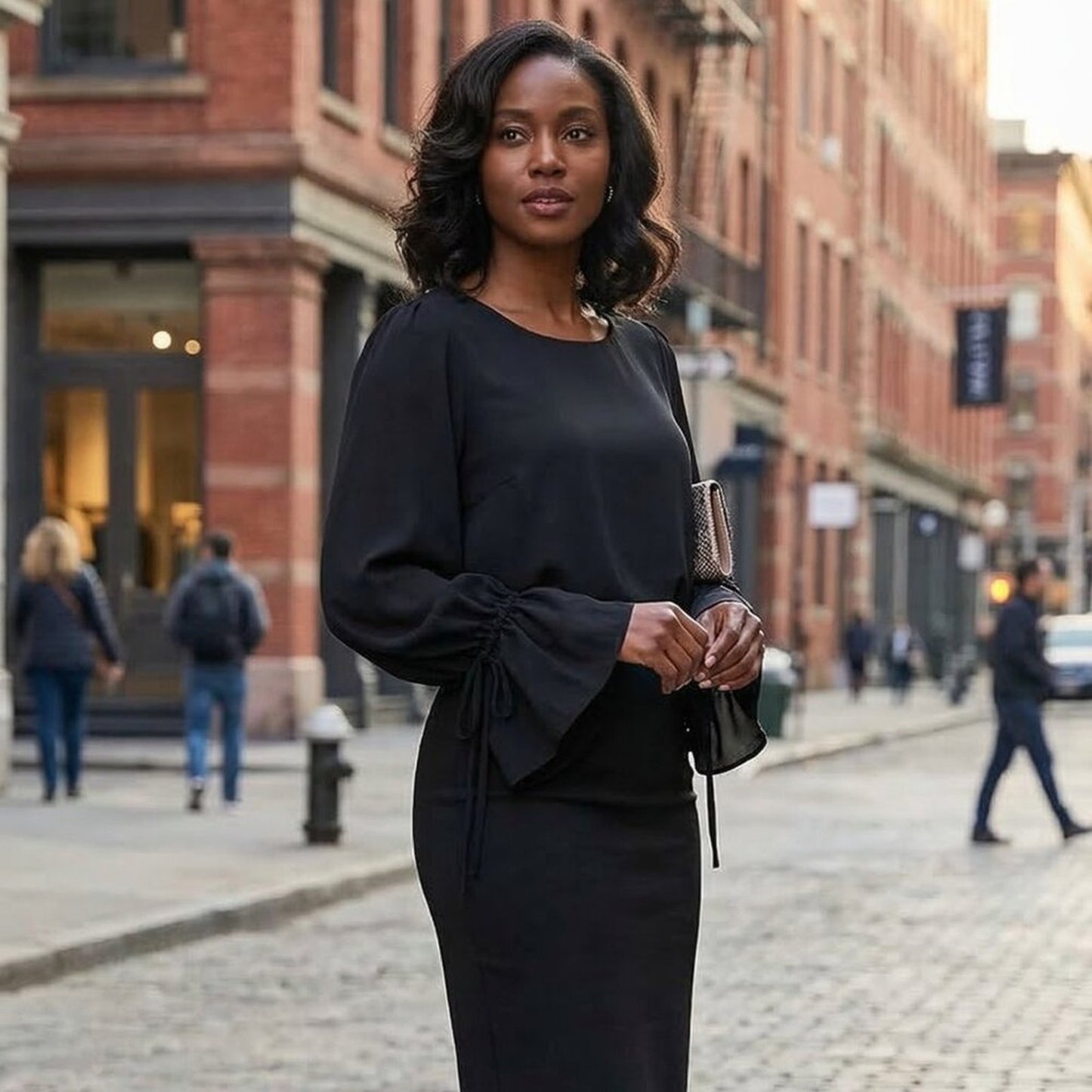 Elegant Black Bell Sleeve Blouse – Ruffle Cuff Tie Sleeve Top |Chic Work, Church