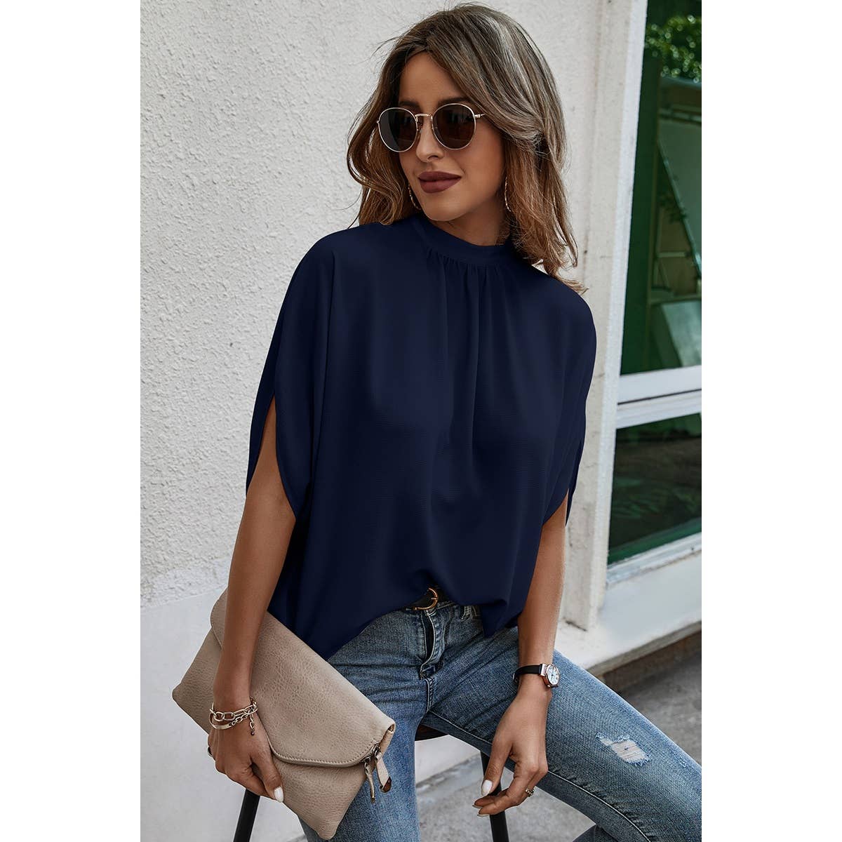 Solid Cape Short Sleeve Loose Top