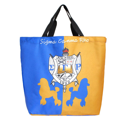 Tote bag with Sigma Gamma Rho logo and design on a white background