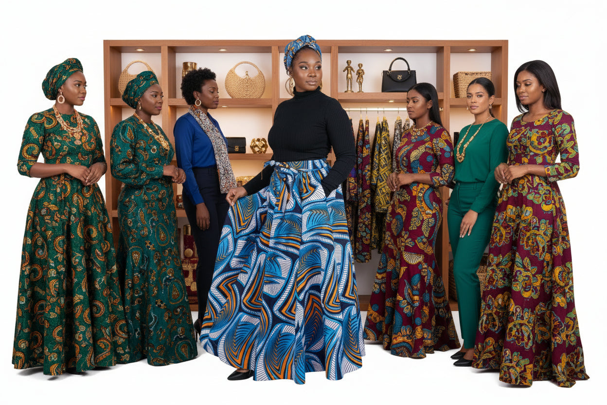 Woman wearing a black top and blue patterned skirt on a white background