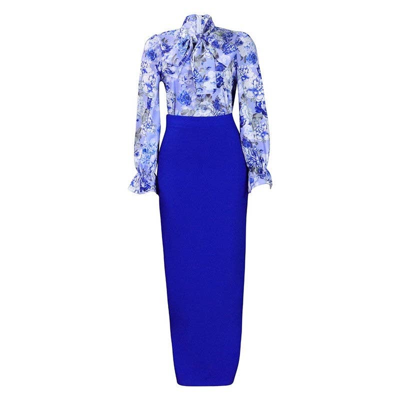 Blue floral blouse and pencil skirt set on a white background