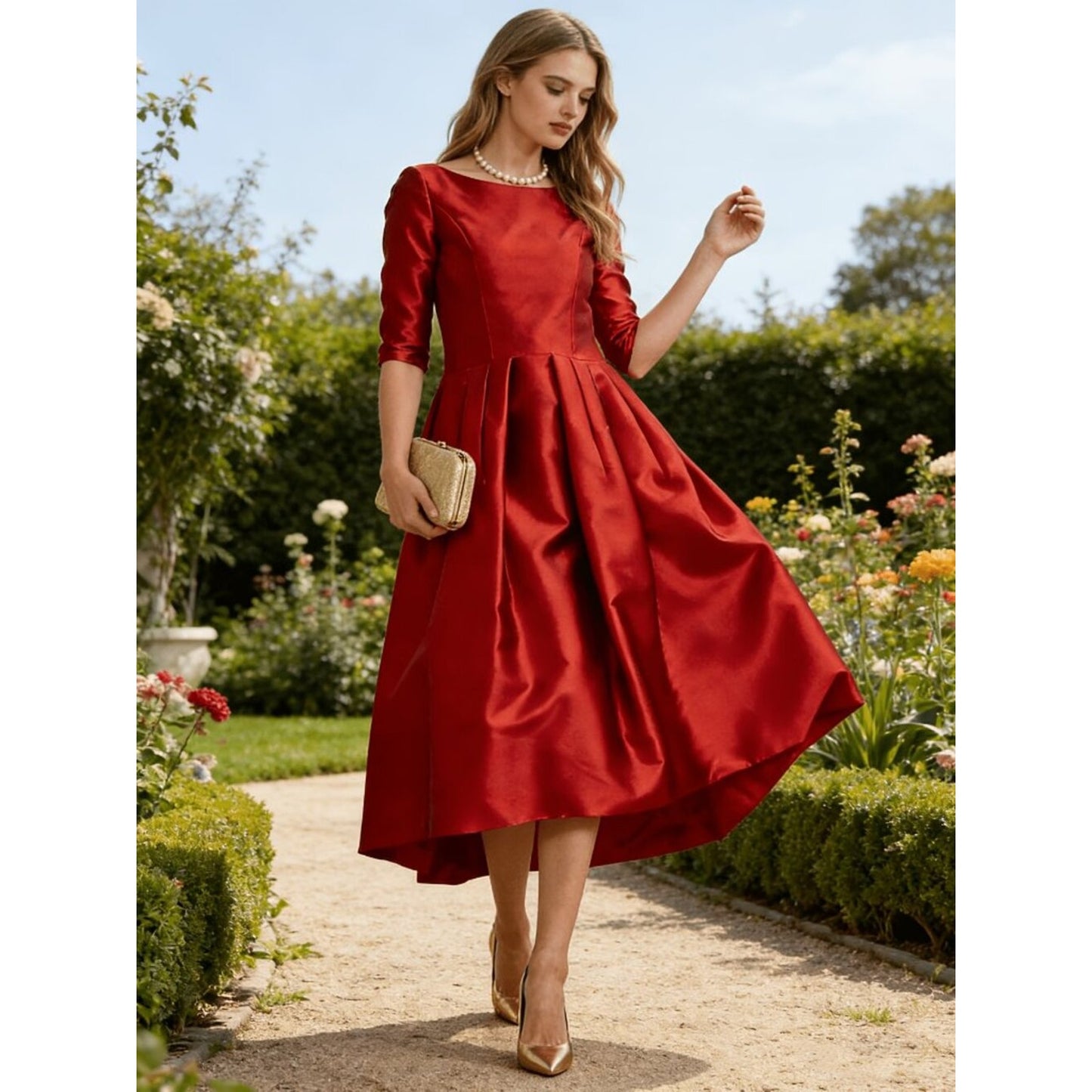 Ruby Elegance Satin Midi Dress