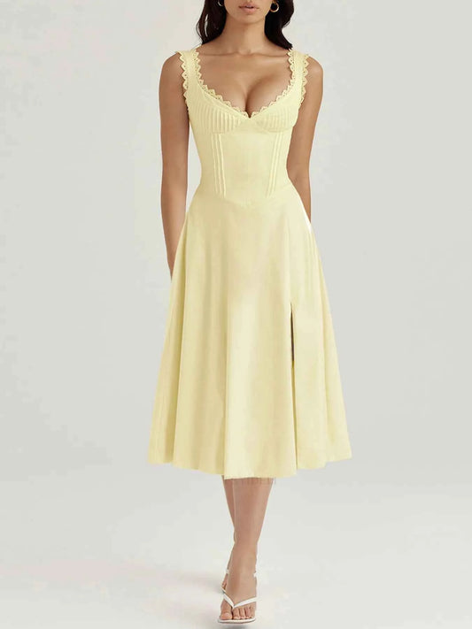 Scalloped V-Neck Midi Dress with Back Lace-Up
