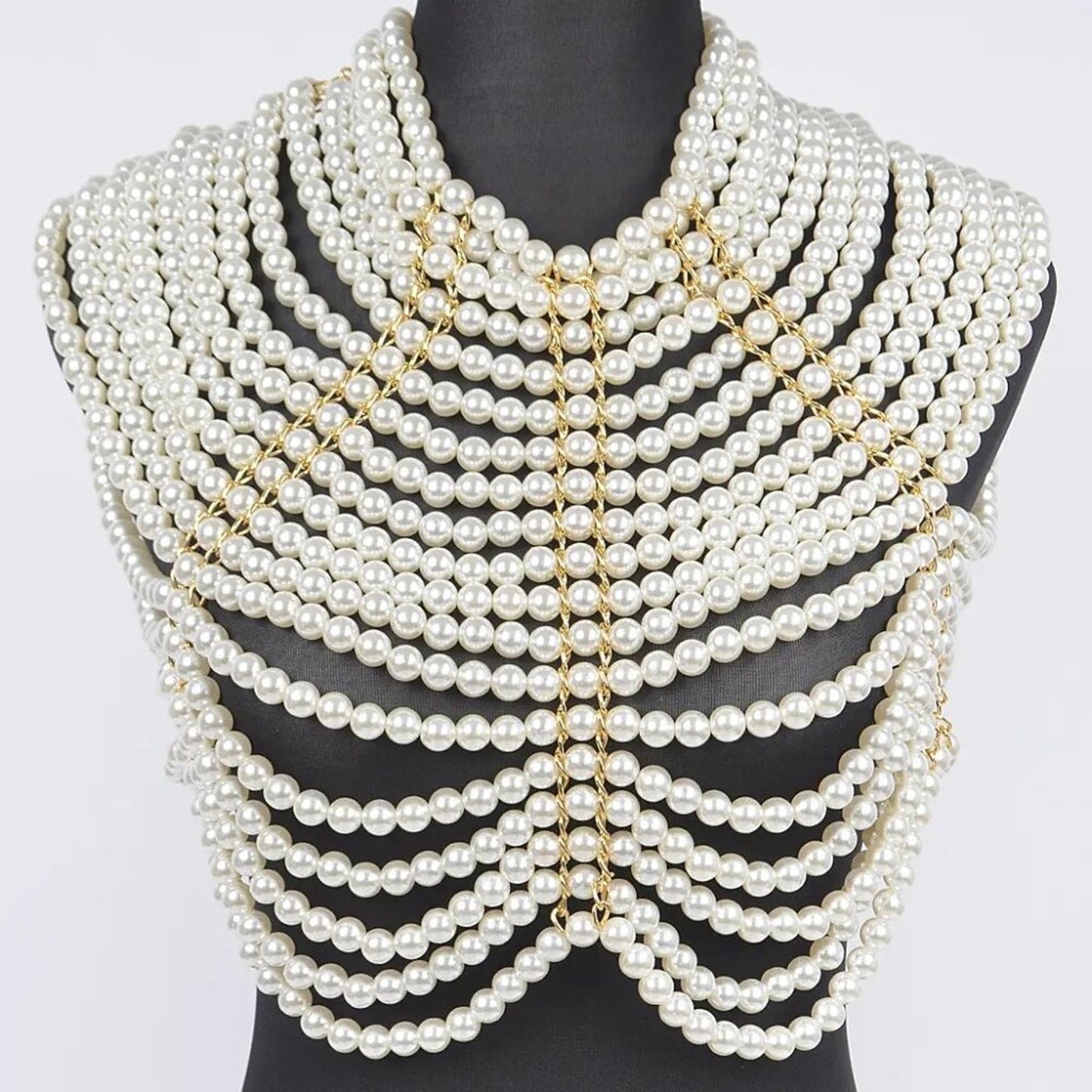 Luxury Layered Pearl Shoulder Harness Necklace with Gold Chain Detail