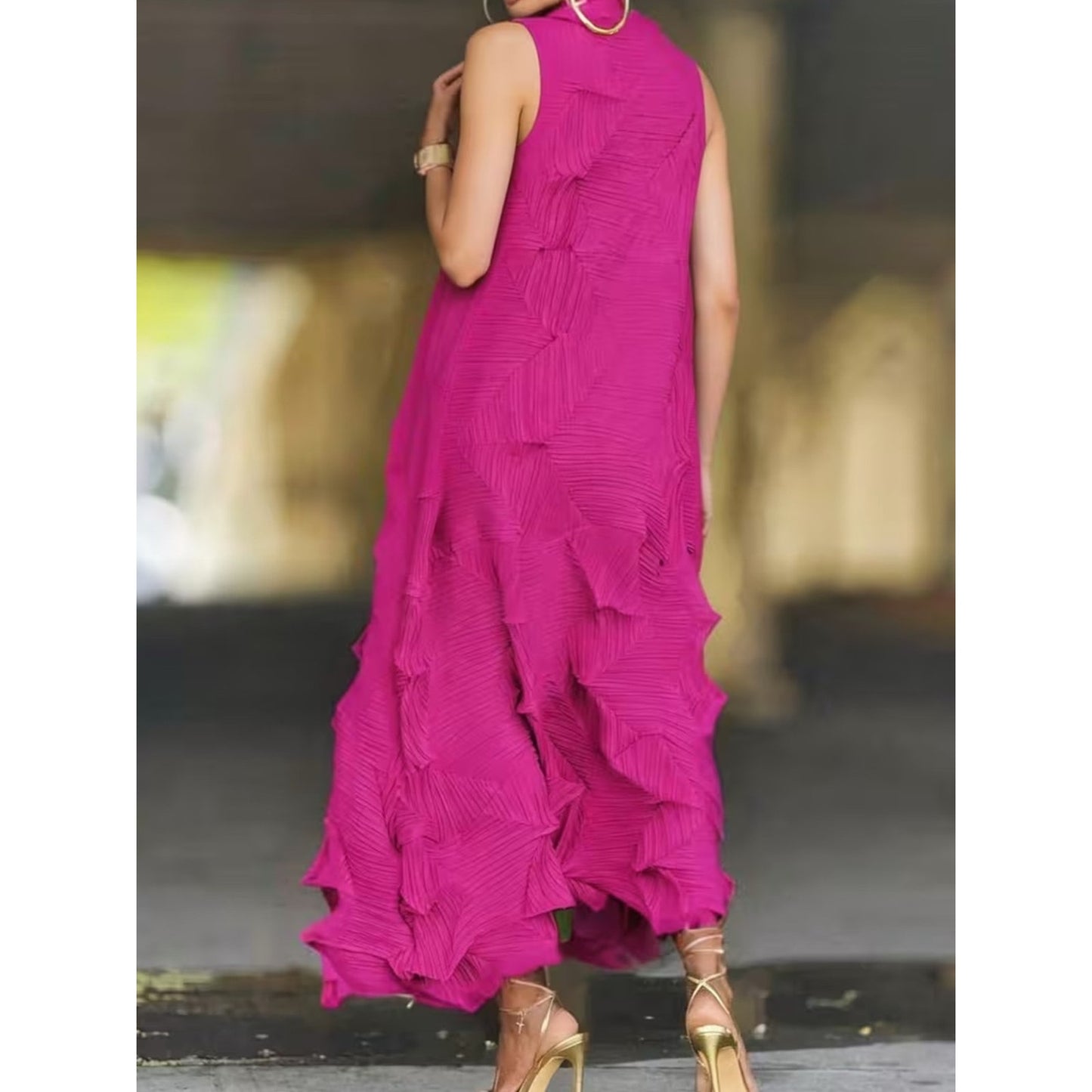 Fuchsia Pink Textured Pleated Sleeveless Maxi Dress | High Neck Statement Dress
