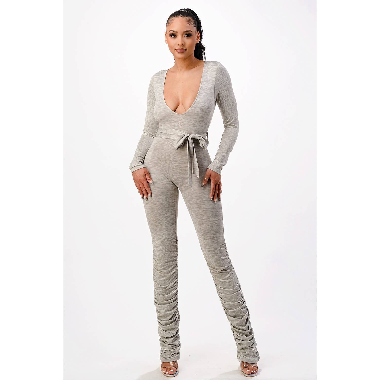 Ruched V-Neck Jumpsuit with Tie Waist