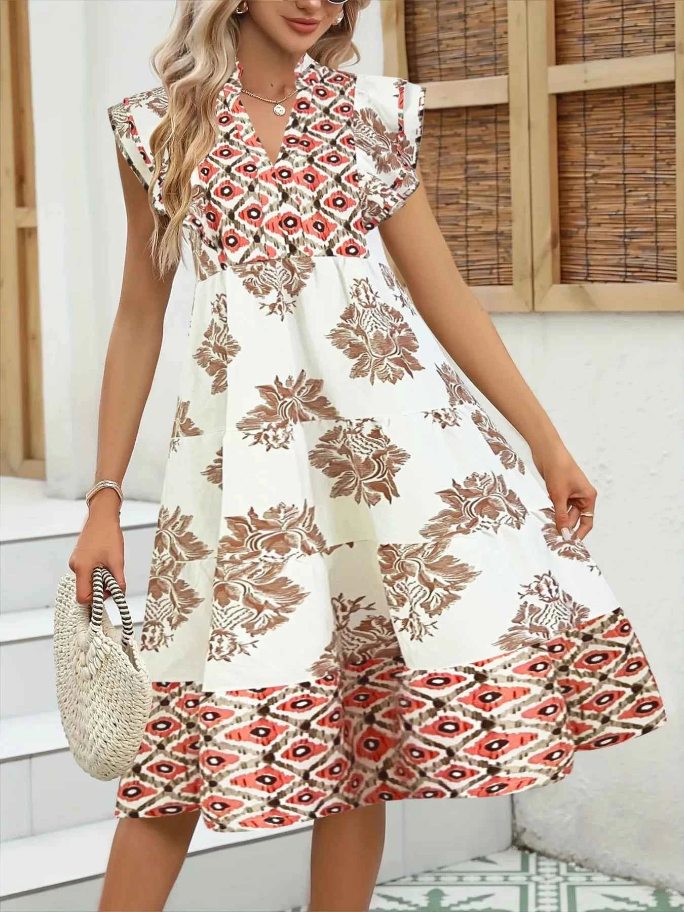 Printed Notched Ruffled Cap Sleeve Dress