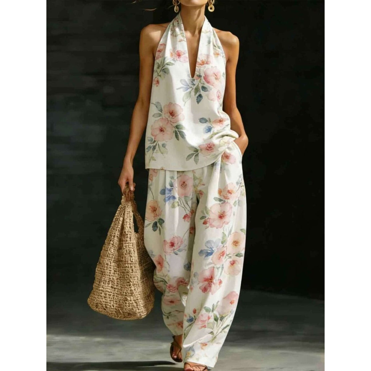 Floral Halter Top & Wide-Leg Pants Set