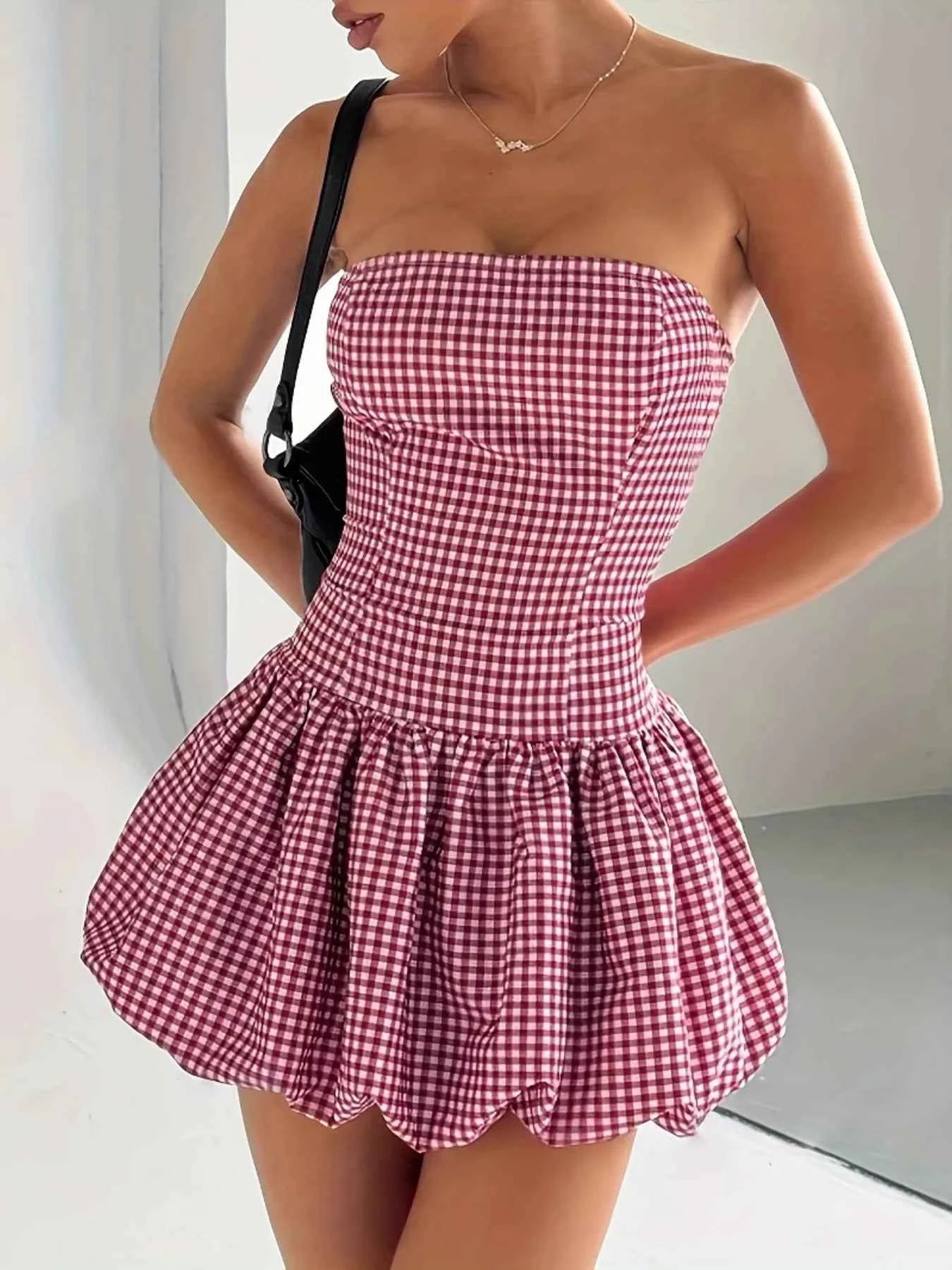 Gingham Tube Bubble Hem Mini Dress