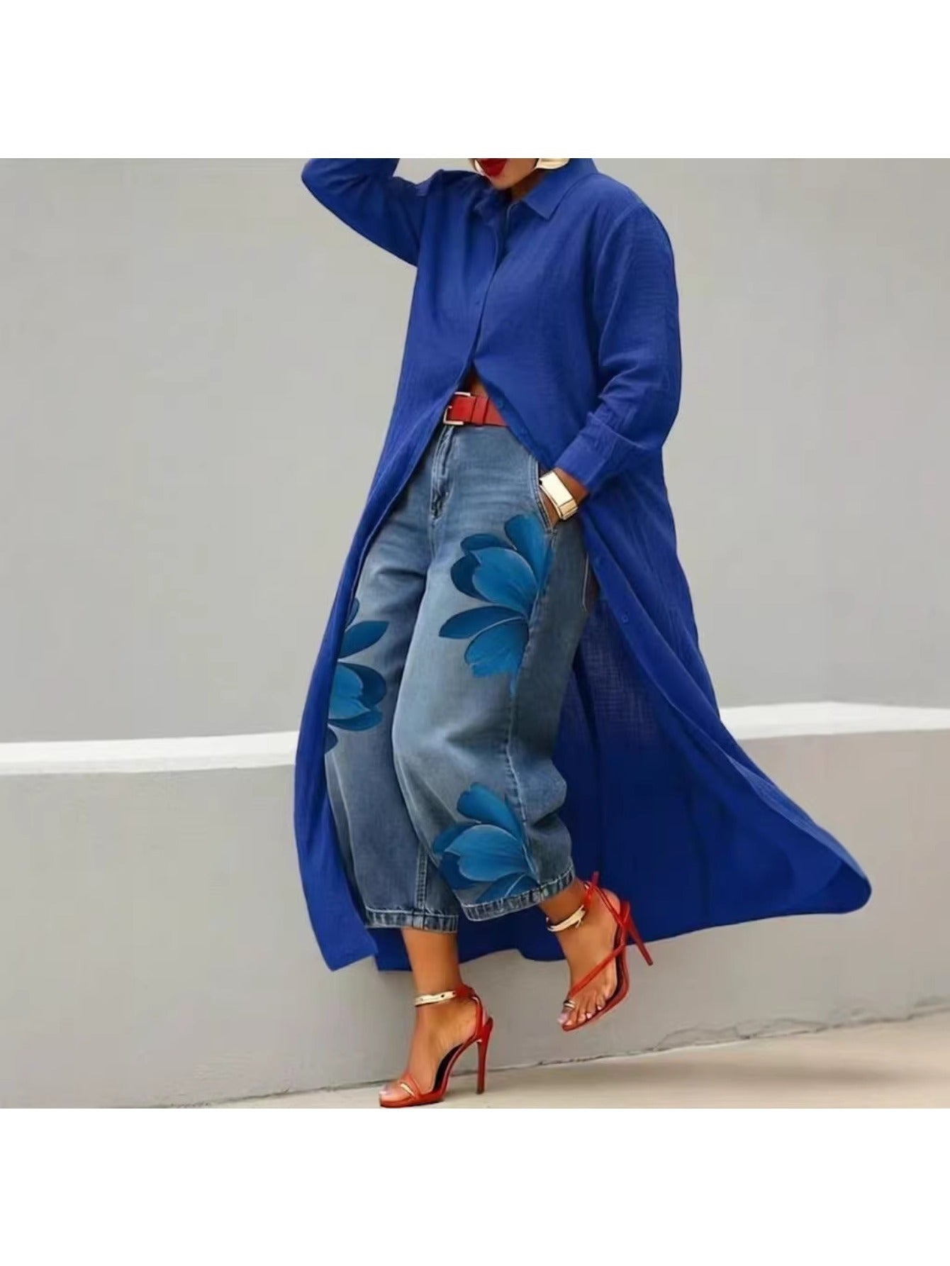Floral Print Wide-Leg Cropped Jeans Light Blue