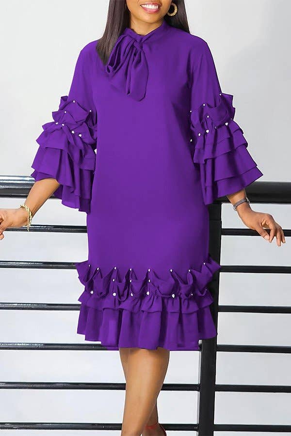 Ruffle Sleeve Solid Color Shift Dress