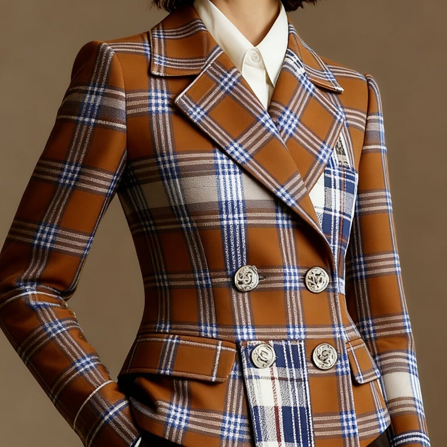 Plus Plaid Double-Breasted Blazer Coat | Lapel, Gold Buttons