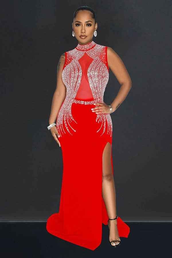 SOLID COLOR MESH PRESS DRILL SPLIT LONG DRESS FOR WOMEN