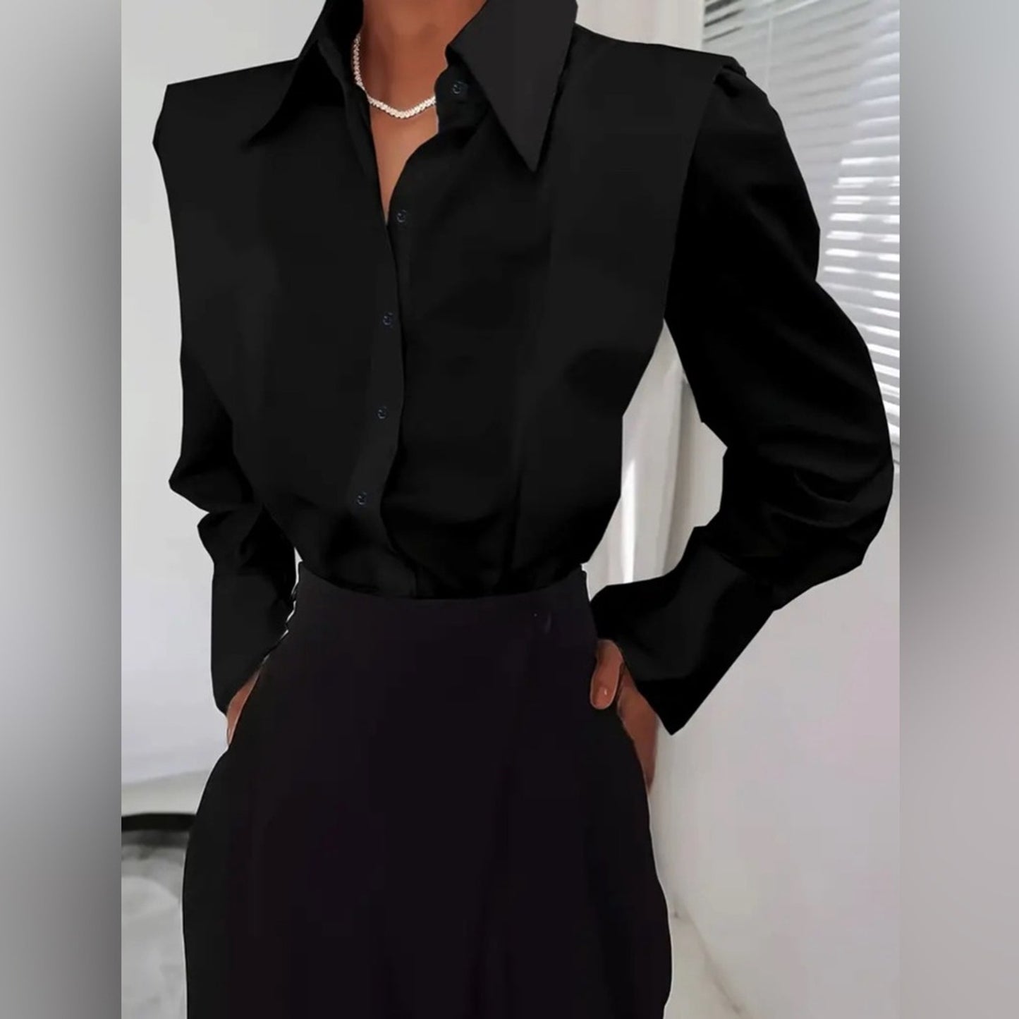 Black Elegant Solid Button Front Shirt - Flattering Lapel