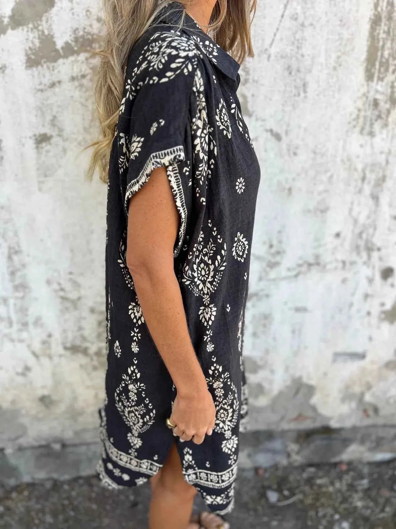 Full Size Printed Short Sleeve Button-Up Shirt Dress Plus Size