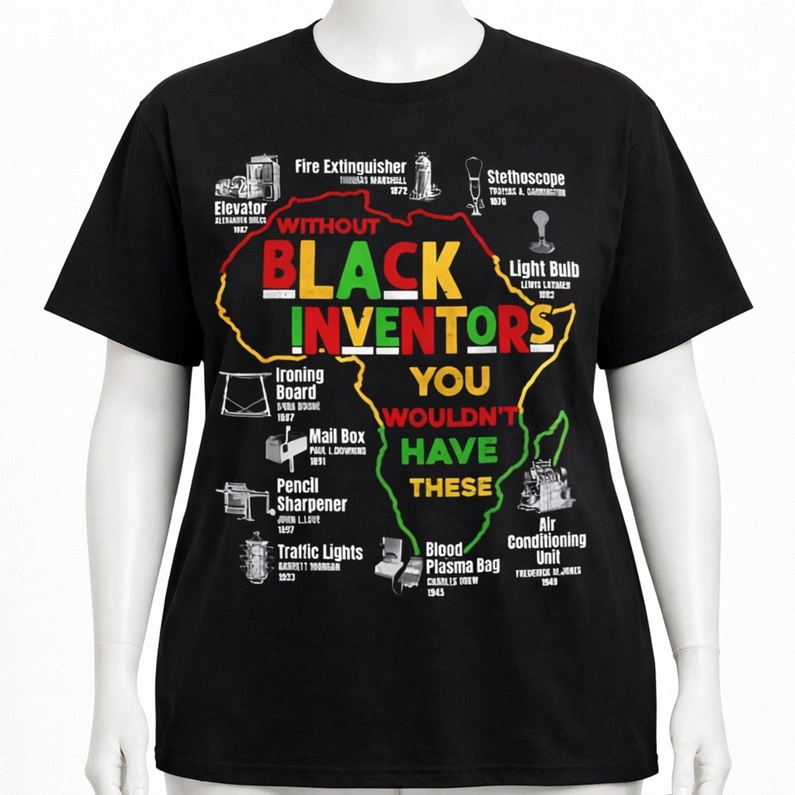 Black t-shirt with a colorful graphic of Africa and text about black inventors on a mannequin.