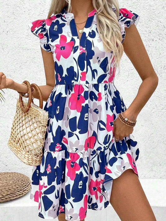Printed Notched Neck Flutter Sleeve Mini Dress