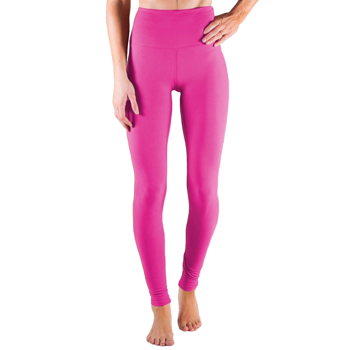 Bright pink leggings worn by a person on a white background