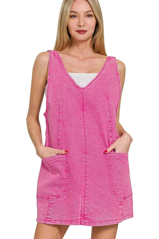 Zenana Washed Adjustable Strap Denim Overall Dress