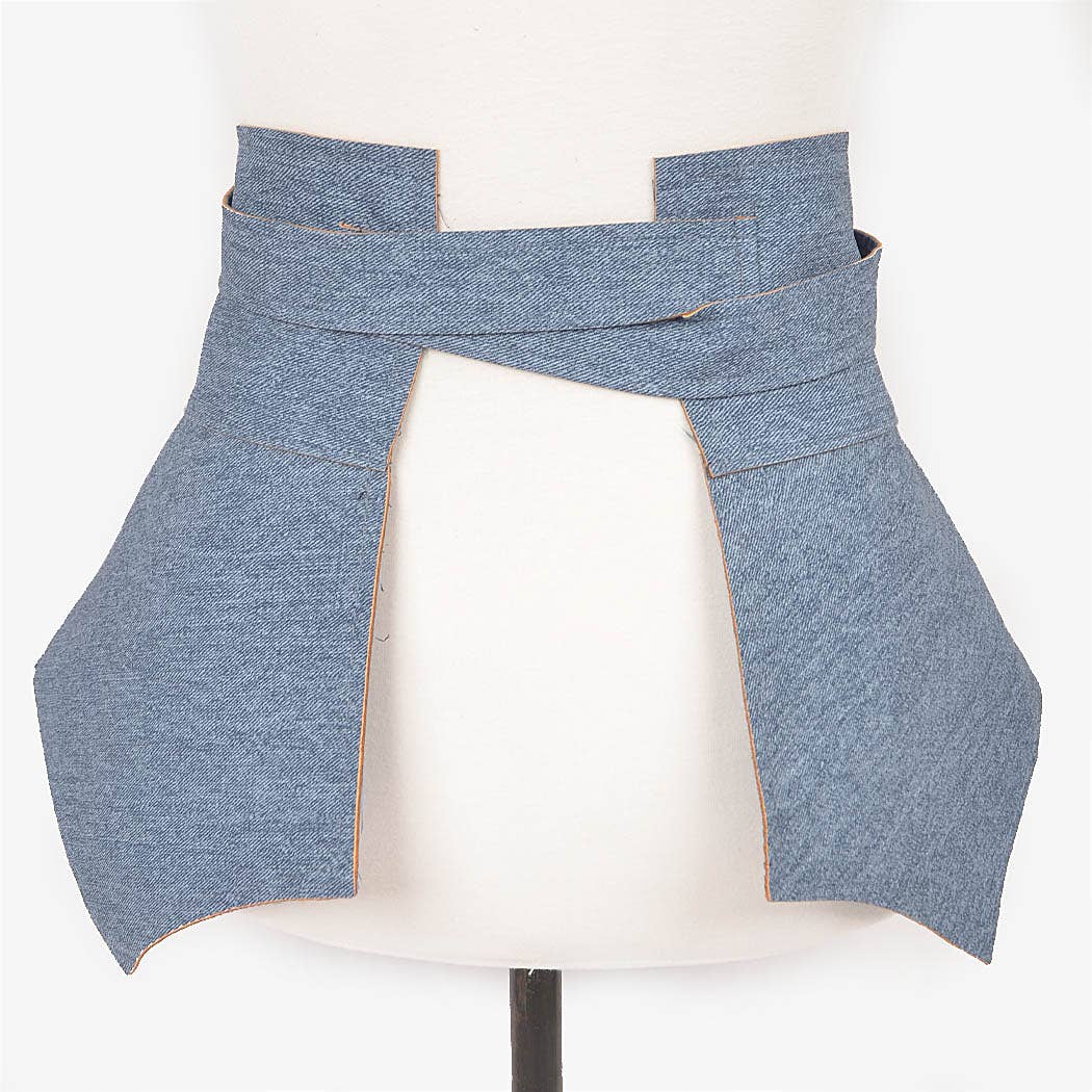 Denim-style high-waisted shorts on a mannequin against a white background